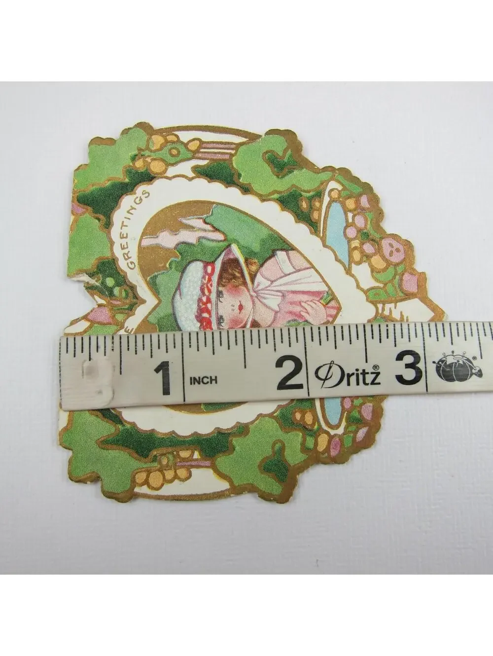 Vintage Valentine Card Die cut Girl Pink Dress & Hat Yellow Flowers Green & Gold